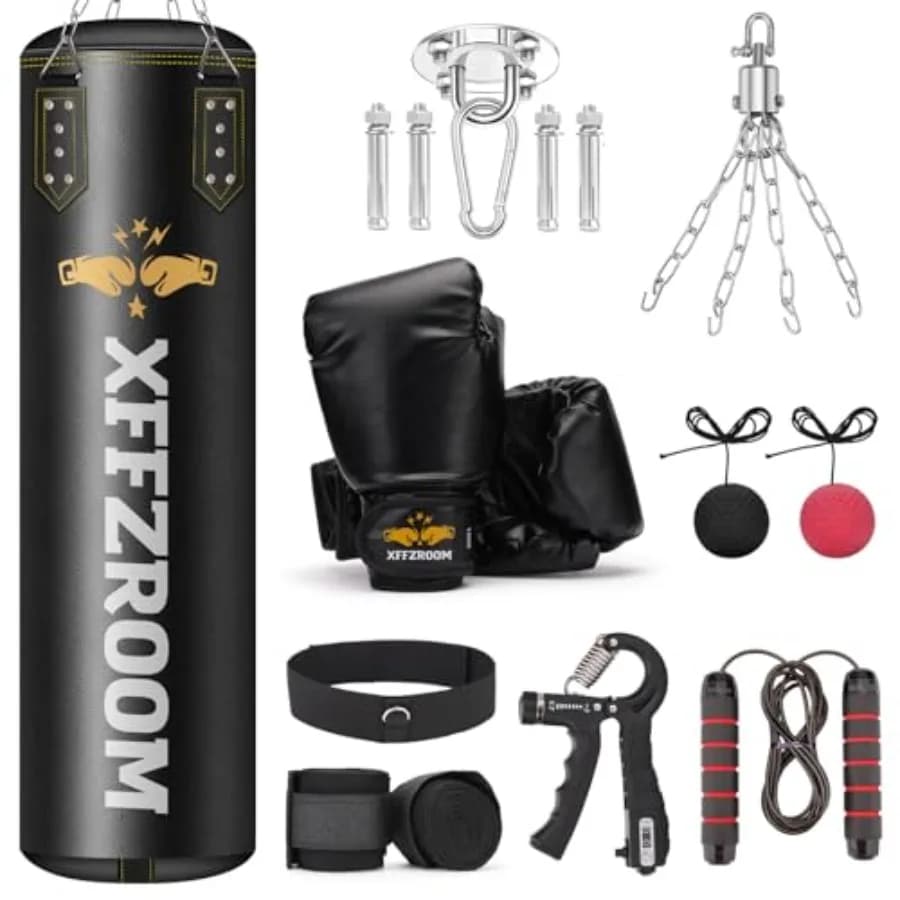 Sacco da Boxe per Adulti 4ft in Pelle PU Nero, Set 6 in 1 con Guanti da 12oz, Fasce per Mani e Kit di Montaggio per MMA e Karate