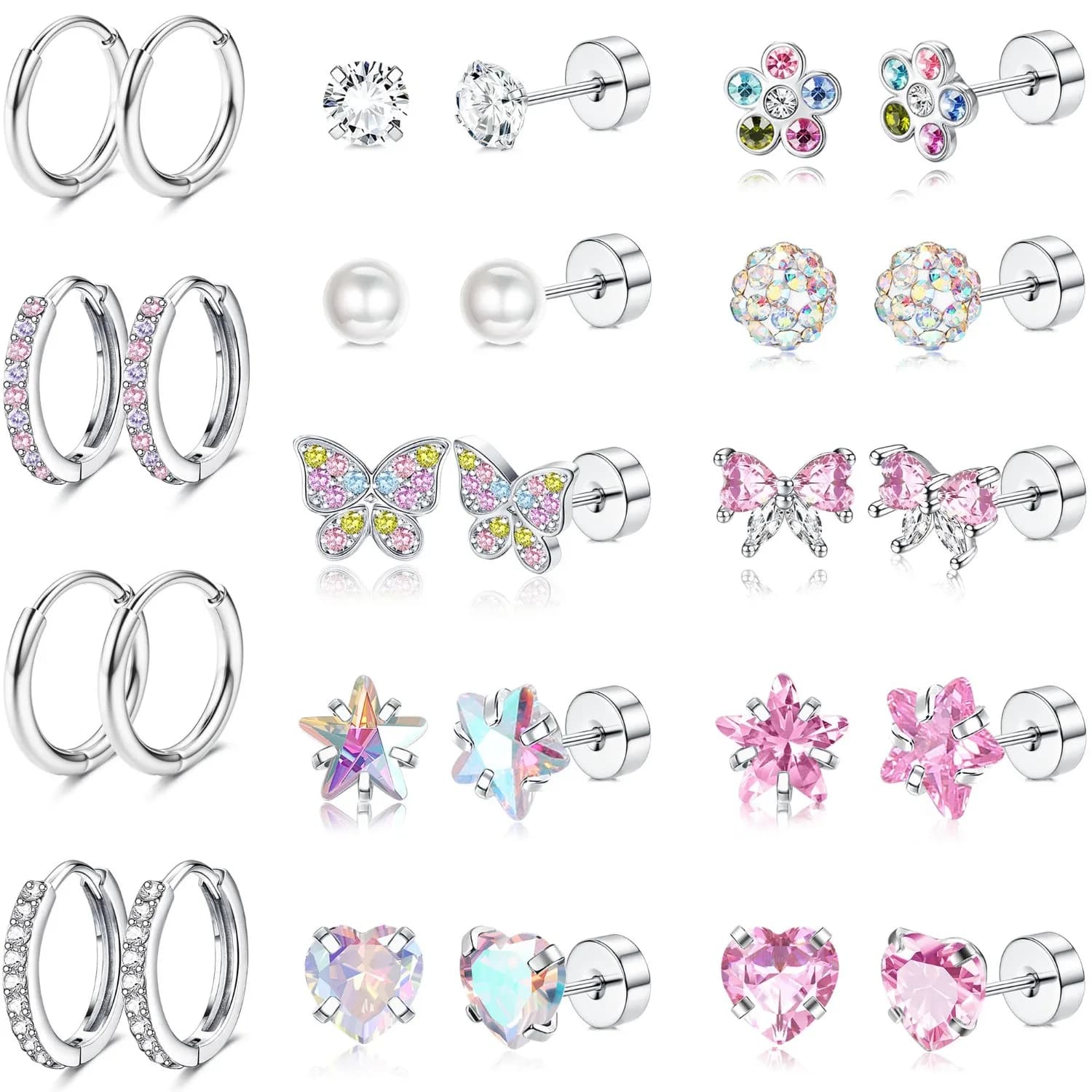Bobisty 1Pair Earrings for Women Surgical Steel Stud Hoop Earring Cute Flower Butterfly Heart CZ Flat Back Earrings Jewelry Gift