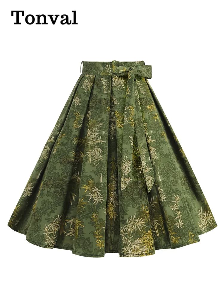 Gonne a pieghe con stampa botanica verde Tonval per donna gonna anni '50 stile Vintage con cintura al ginocchio 2024