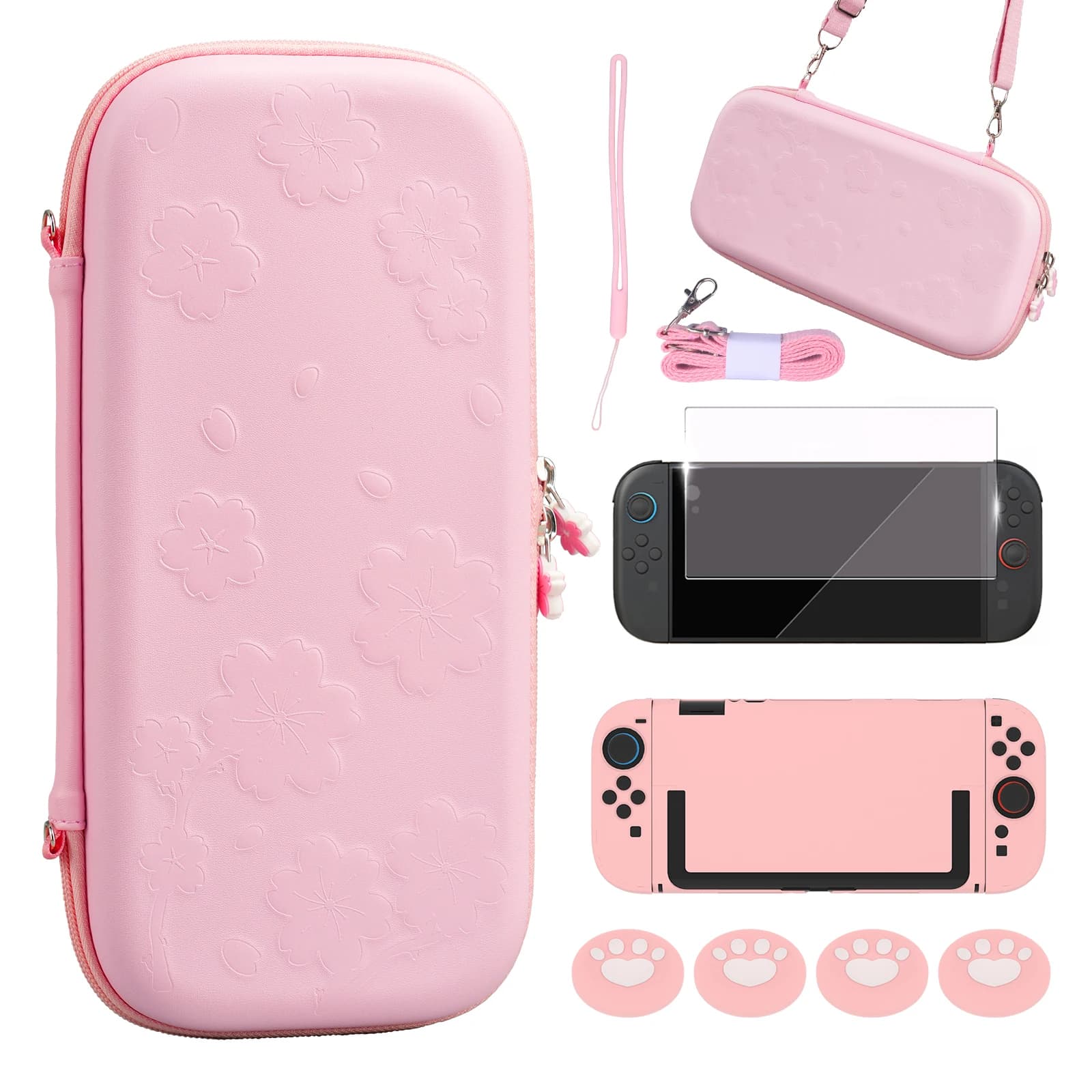 Pink Travel Case Accessories For Nintendo Switch 2 Cute Sakura Poch Carrying Bag With Strap Stand Temper Film Glass Protector