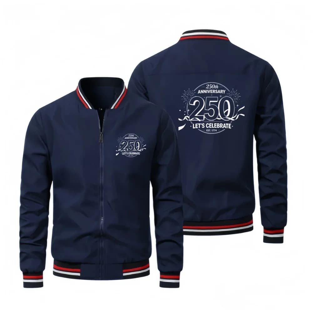 Men's 250th Anniversary Printed Baseball Jacket Long Sleeve Zip Up Casual Outerwear