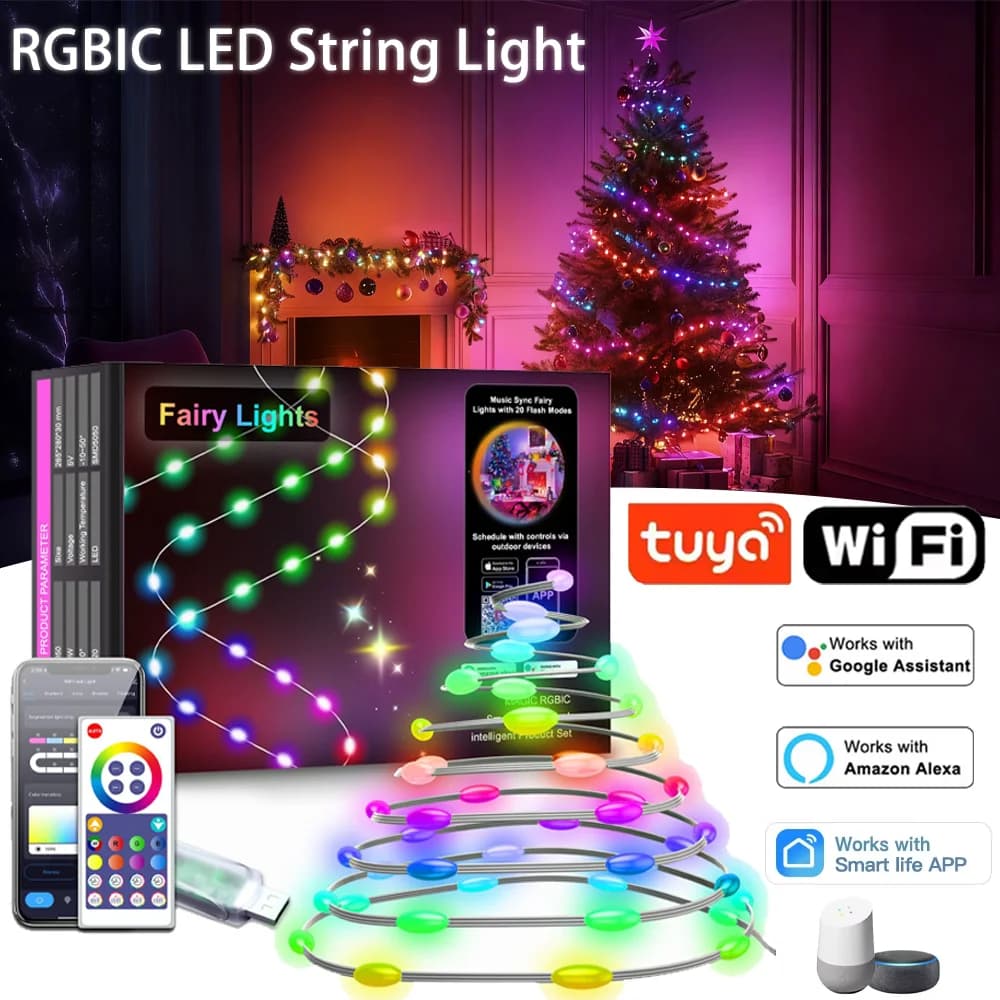5M/10M/20M Tuya WIFI RGBIC USB Sting Luce FAI DA TE LED Lucine Impermeabile Ghirlanda Decor per Natale Matrimonio Festa di Compleanno