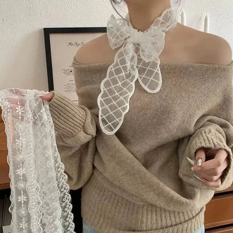 Sciarpa in pizzo bianco dal design di nicchia per donna, foulard lungo primavera estate, fascia per capelli, nastro per capelli, cintura per pantaloni, accessori moda