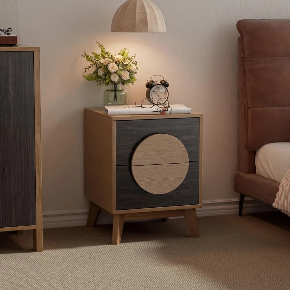 Comodino con 2 cassetti, comodino da 16" con contenitore e gambe in legno, design con manico a mezzaluna, tavolino moderno per divano