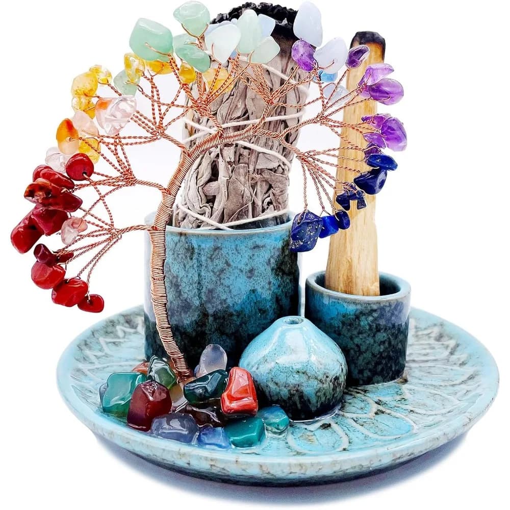 Porta bruciatore di incenso 5 in 1 con albero curativo in cristallo, porta palo santo, porta salvia, porta incenso per bastoncini/coni/candele,