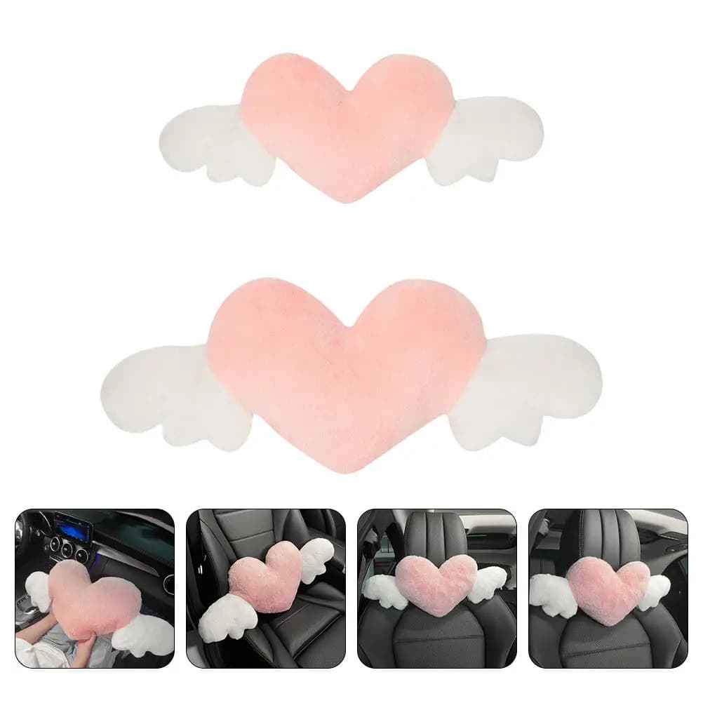 Set di 1 cuscino poggiatesta e cuscino lombare per auto, per donne conducenti, con supporto migliorato per collo e schiena, decorazione a forma di cuore e ali, per interni auto