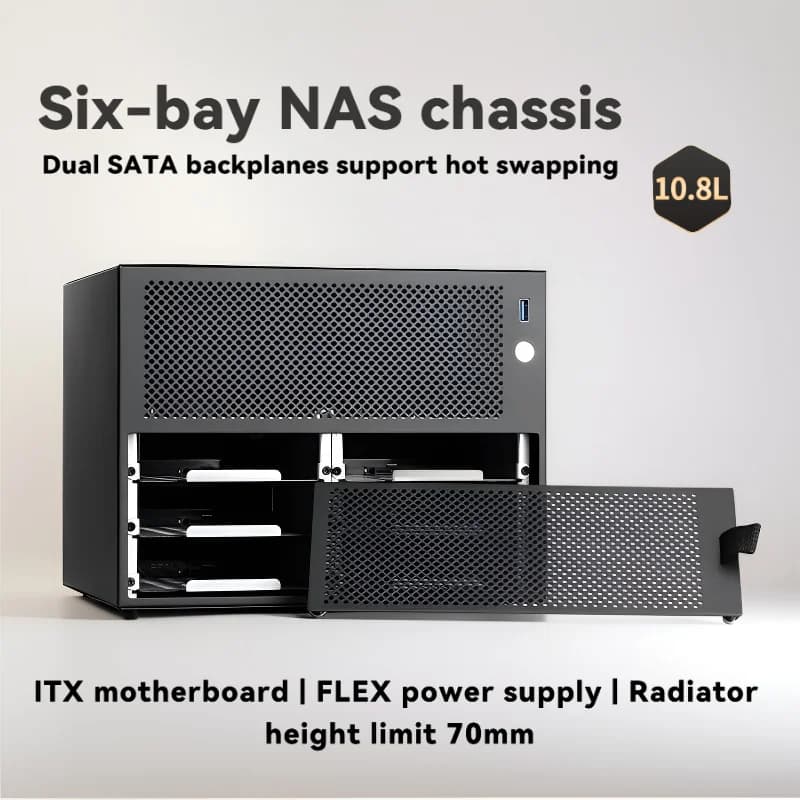 6-bay NAS Chassis Supports ITX Motherboard, FLEX Small 1U Power Supply, Radiator Height Limit 70mm, DIY Desktop Storage Server