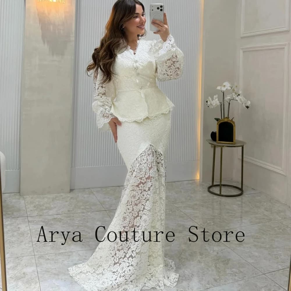Customize White Lace Long Sleeve Peplum Mermaid Maxi Evening Dress With Train Women Formal Prom Wedding Guest Gown Plus Size