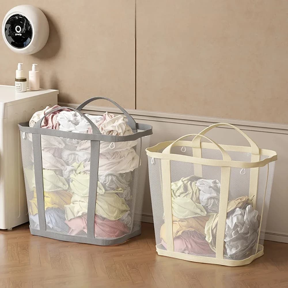 1 pc nylon mesh linen basket with handle foldable foldable portable purses for dirty clothes large capacity storage bag