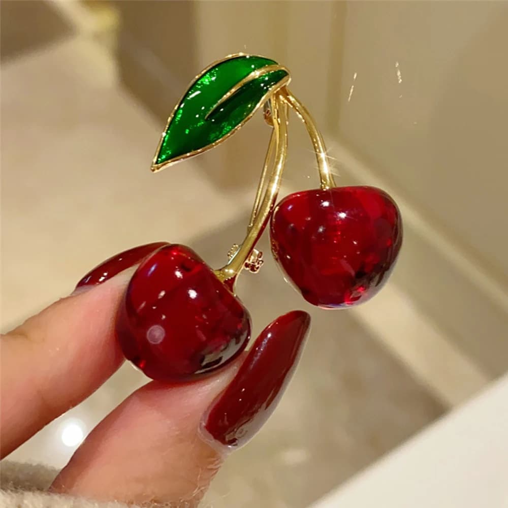 Fashion Crystal Dark Red Cherry Brooches For Women Clothing Cute Alloy Crystal Fruit Enamel Pins Party Jewelry Gifts