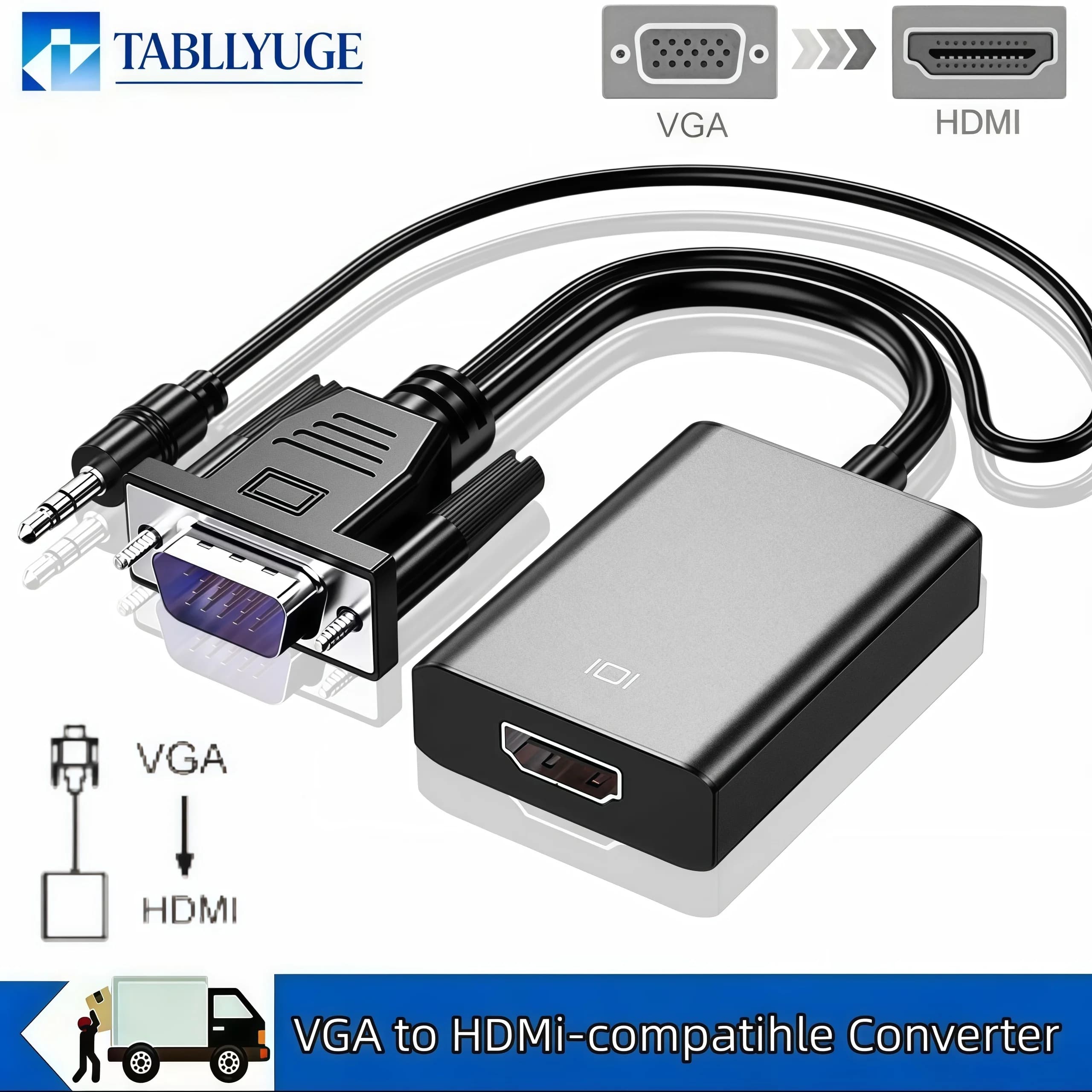 Adattatore VGA a HDMI compatibile 1080P, cavo VGA maschio a HDMI femmina con audio per PC, laptop, TV, proiettore