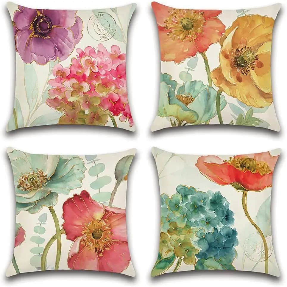 Fodere per cuscini con fiori ad acquerello – Set di 4 fodere per cuscini con ortensie e papaveri per esterni, patio, divano, arredamento del soggiorno