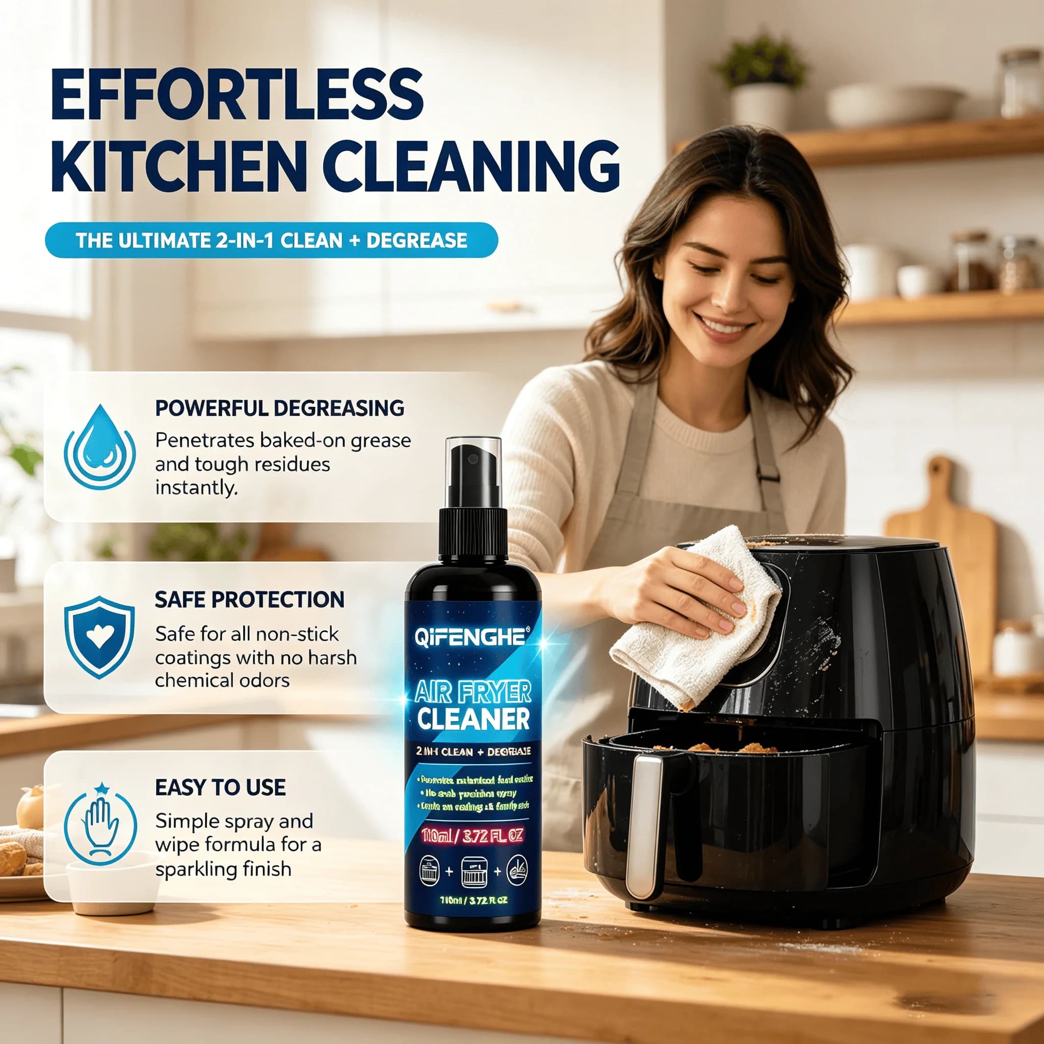 110ml 2-in-1 Air Fryer & Car Grease Remover – No-Soak Spray, Safe for Non-Stick & Car Dash, Odor-Free