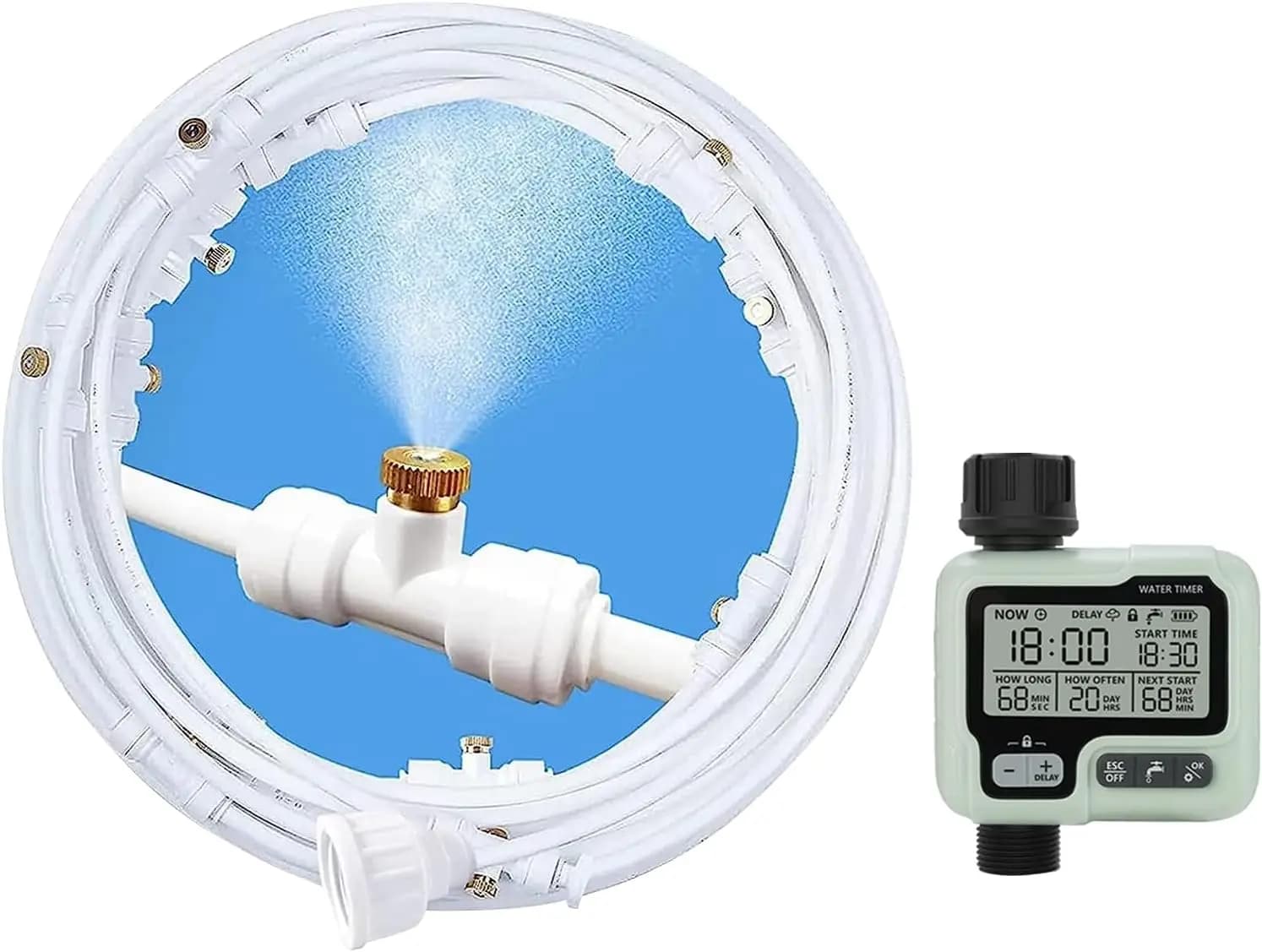 Sistema di nebulizzazione esterno con timer, tubo da 15 metri per raffreddare patio e giardino, irrigazione programmabile