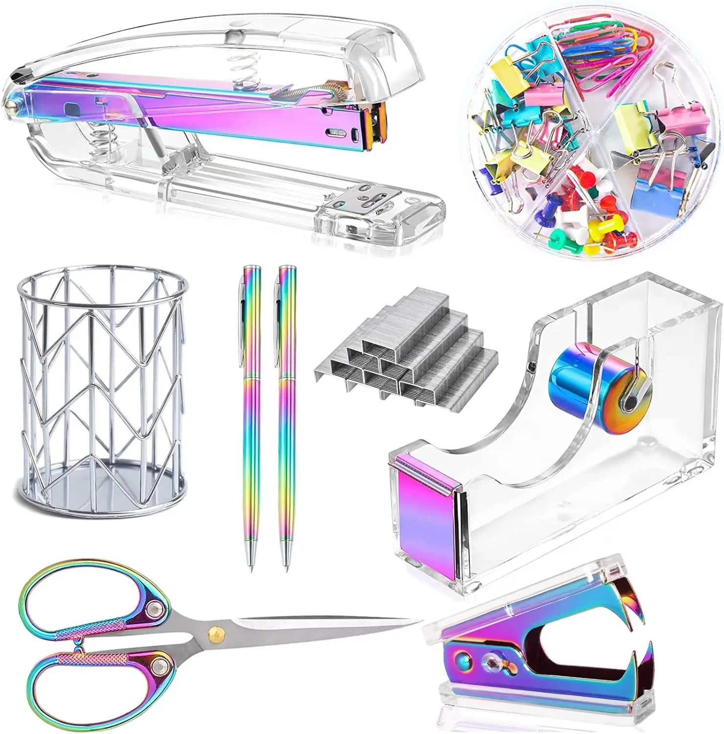 Set Colorato di Graffettatrice e Dispenser per Nastro Adesivo in Acrilico con Forniture per Ufficio, Penne, Forbici, Clip e 1000 Graffette