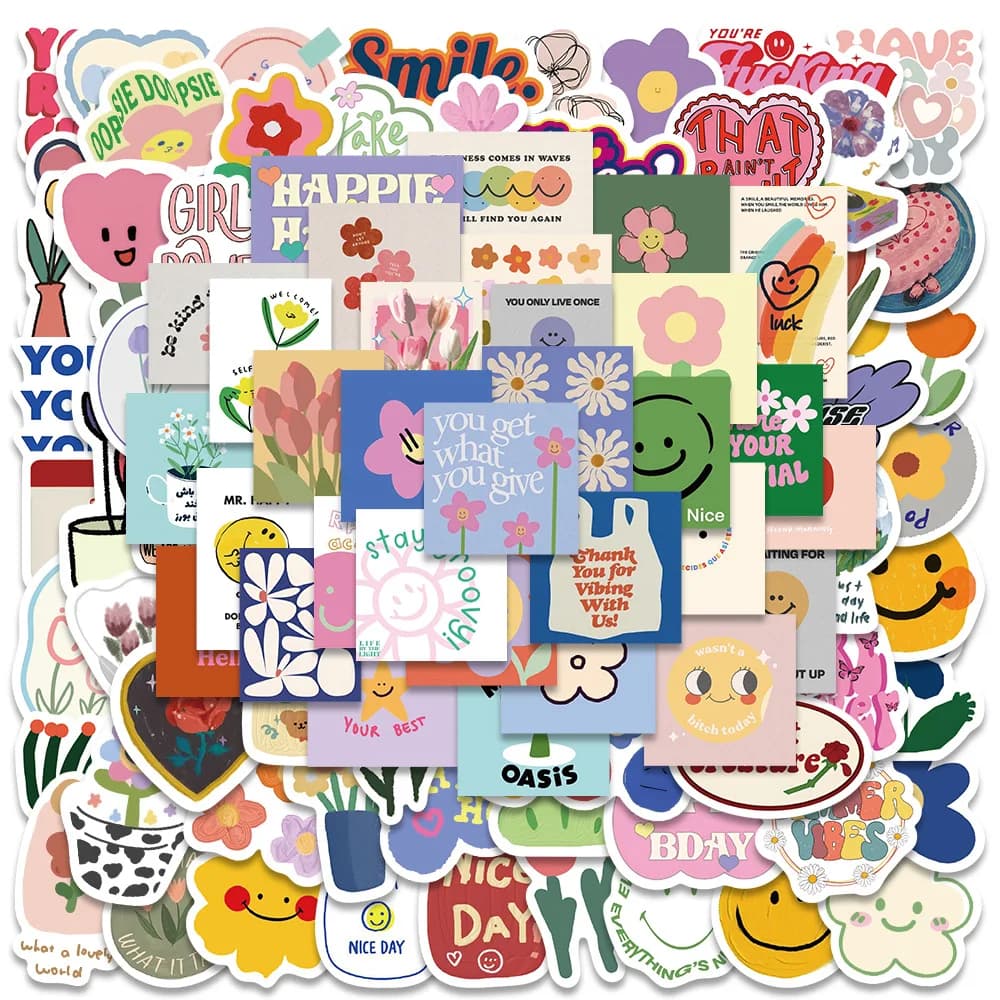 90PCS Cute Sweet Smile Flower Stickers Cartoon Motivational Decal DIY Phone Guitar Laptop Notebook Suitcase Waterproof Sticke