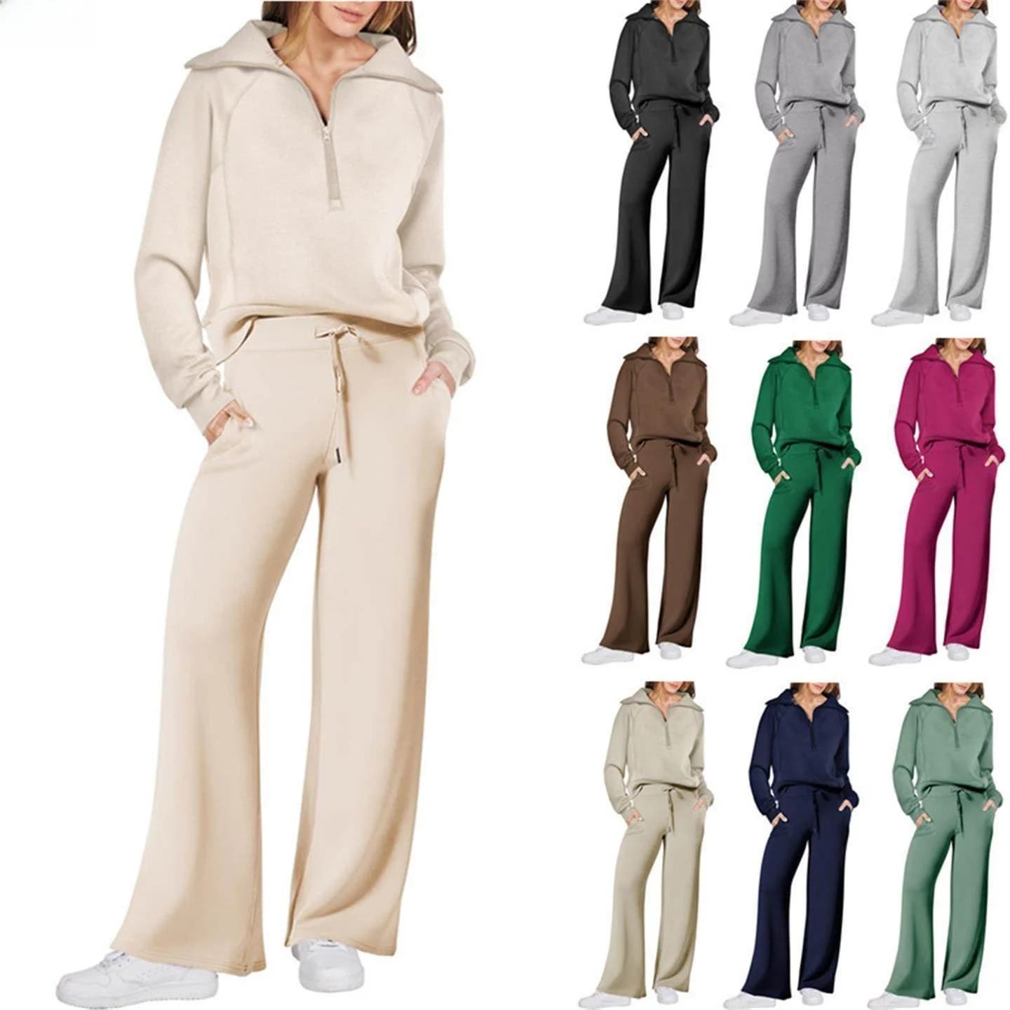 Set Sportivo Casual Autunno Inverno, Felpa con Zip a Maniche Lunghe e Pantaloni a Gamba Larga, Completo Due Pezzi Stile Europeo da Donna