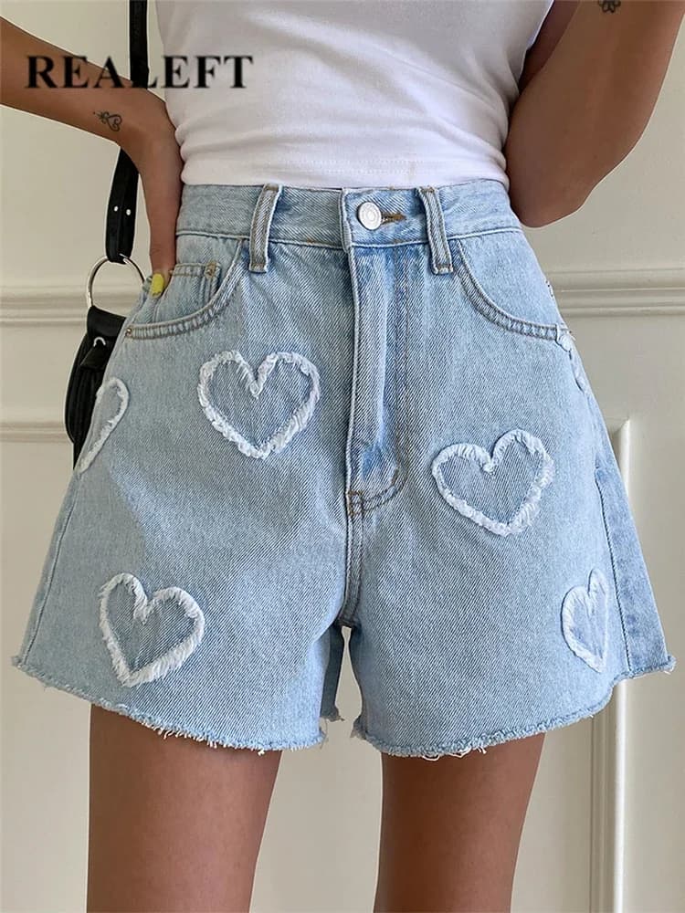 REALEFT High Waist Washed LOVE Printed Women's Denim Shorts 2024 New Spring Summer Casual Jeans Chic Straight Pants Female