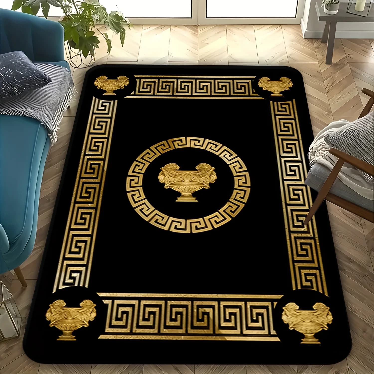Tappeto in Flanella di Lusso con Motivo Greco, Design a Medaglione Dorato su Sfondo Nero, Morbido e Antiscivolo per Soggiorno
