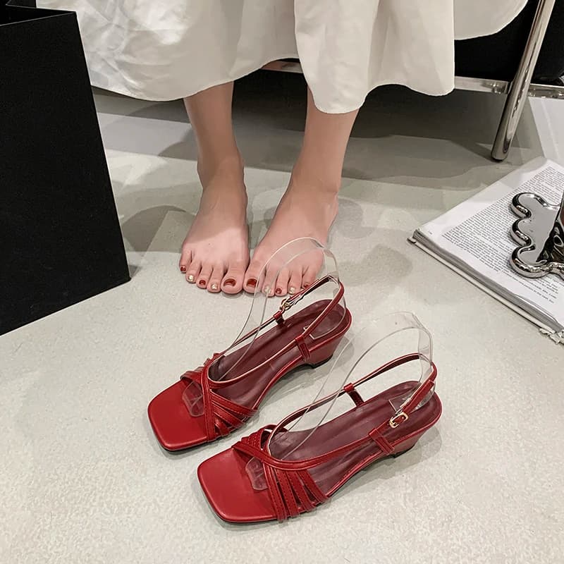 French-style Square-toe Thick-soled Women's New Trendy Slip-on Woven Wedge Roman Sandals