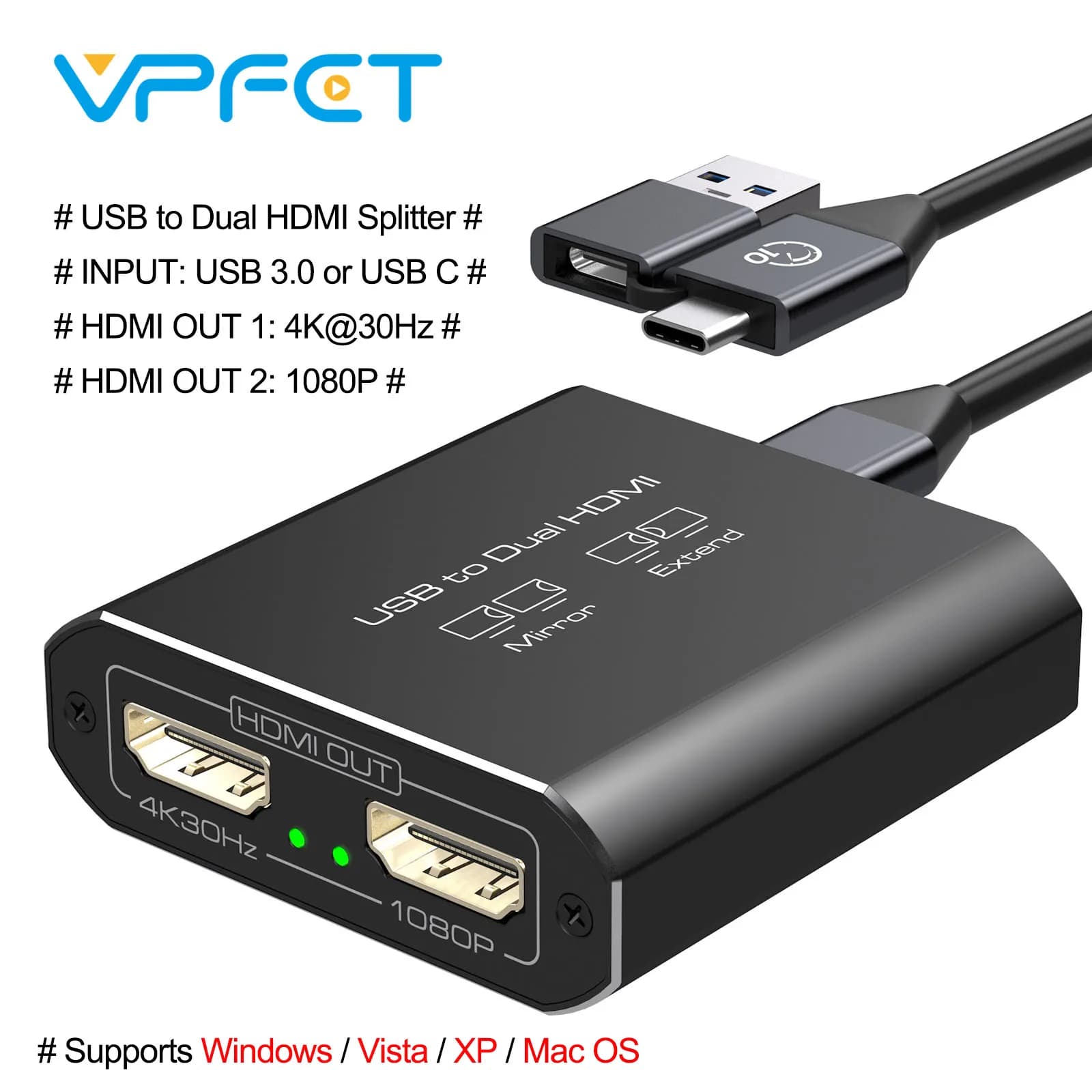 Dual HDMI USB Splitter DisplayLink Adapter for dual monitors with extended display Output 4K@30Hz 1080P@60Hz for Windows Mac