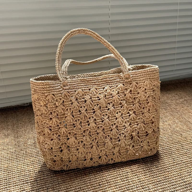Nuovo stile Bohemian Lafite Borsa di paglia intrecciata a mano Borsa a tracolla singola per le vacanze al mare Borsa da donna con gancio floreale artistico