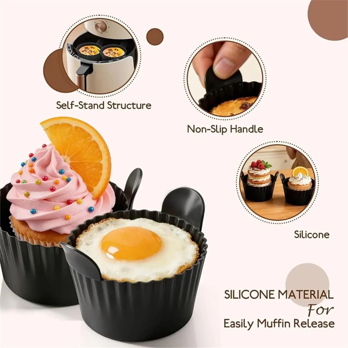 Silicone Pastry Muffin Moulds 9 X 5cm, Set of 6 Reusable Air Fryer Moulds for Muffins, Cakes, Eggs