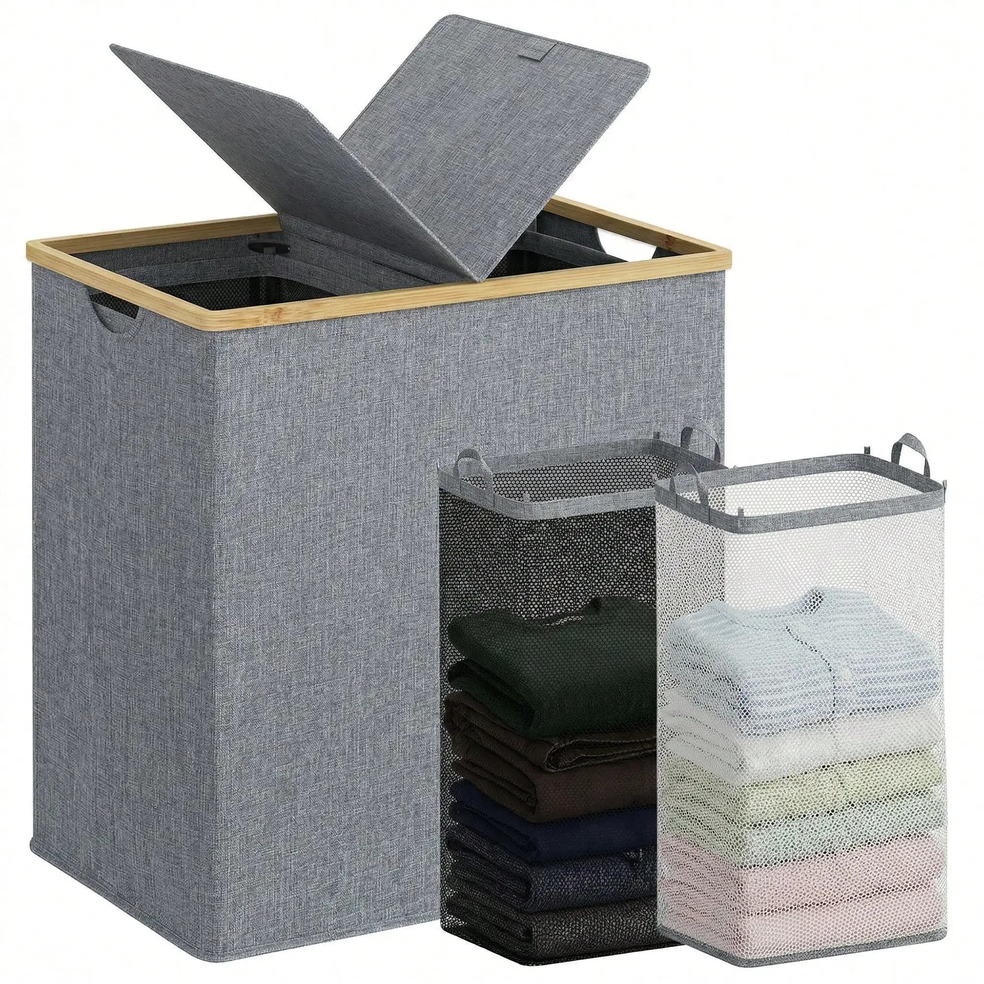 160L Double Laundry Basket With Removable Lid And Laundry Bags, Large Collapsible Laundry Hamper With 2 Sections, In Laundry Room, College Dorm, Bathroom, Bedroom (Dark Grey)