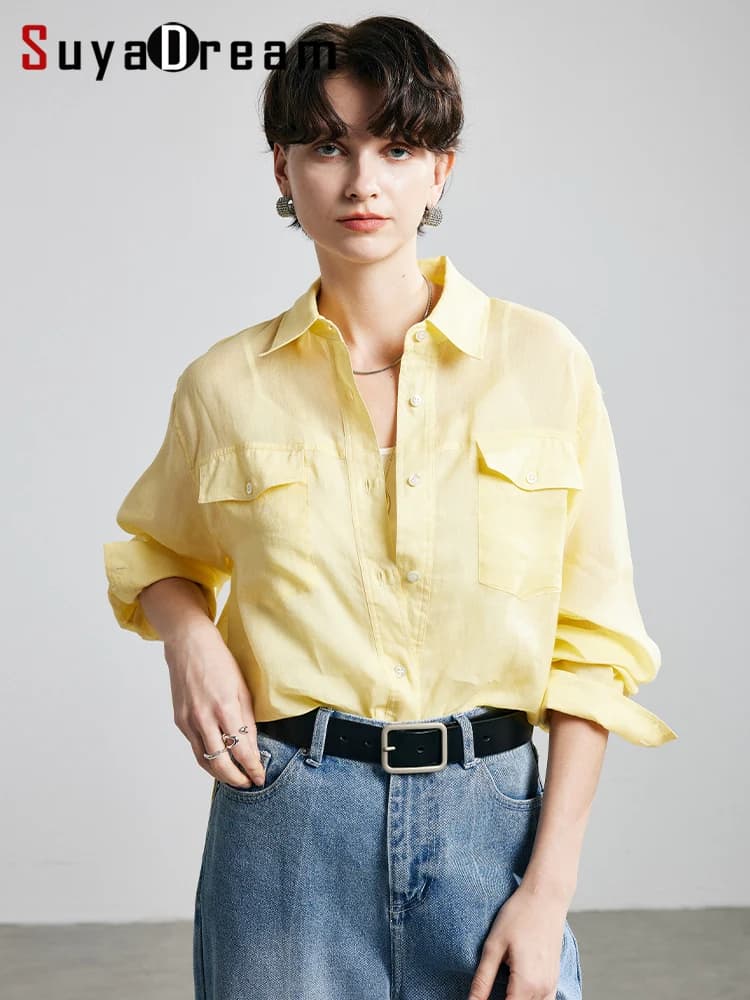 SuyaDream, camicie larghe da donna, 100% rami, colletto rovesciato, doppia tasca sul petto, camicette chic, top casual primavera estate 2025