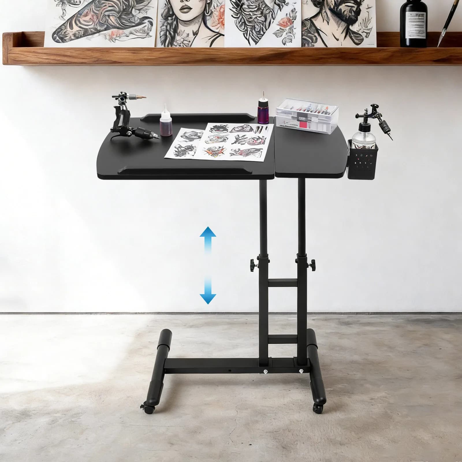 Tattoo Workbench Stand, Double-Layer Cart with Height & Angle Adjustable Desktop, 27.56lbs Load Capacity & Universal Casters with Brakes, for Tattoo Studios, Beauty Salons, Medical Shops, Artists