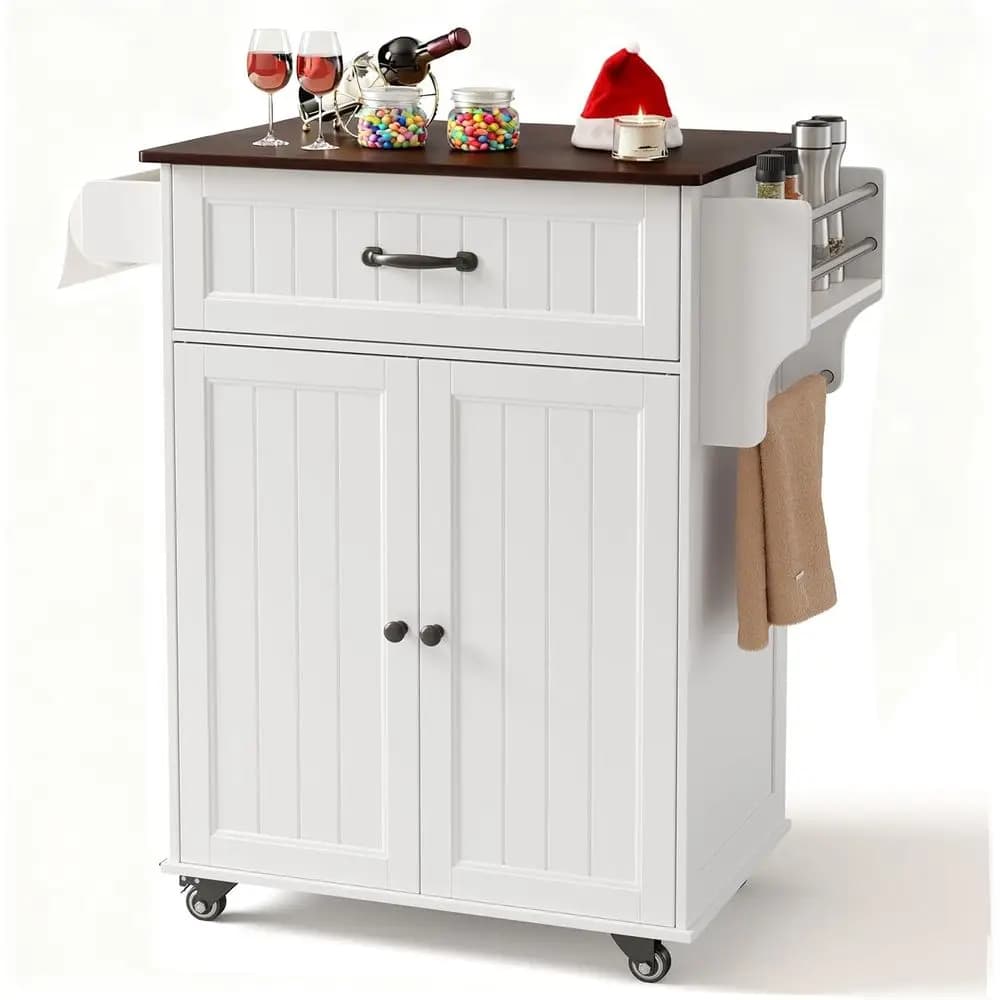 Carrello da Cucina Mobile Bianco con 33 Ripiani Regolabili, Porta Spezie e Portasciugamani