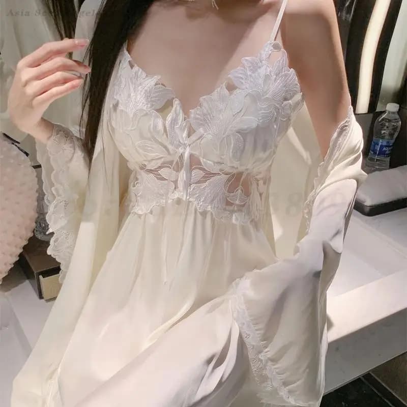 Women's Satin Dress Set Two Pieces Long Bathrobe And Strap Night Shirt Sexy night dress with lace finishes Elegant nightwear V-neck Lingerie
