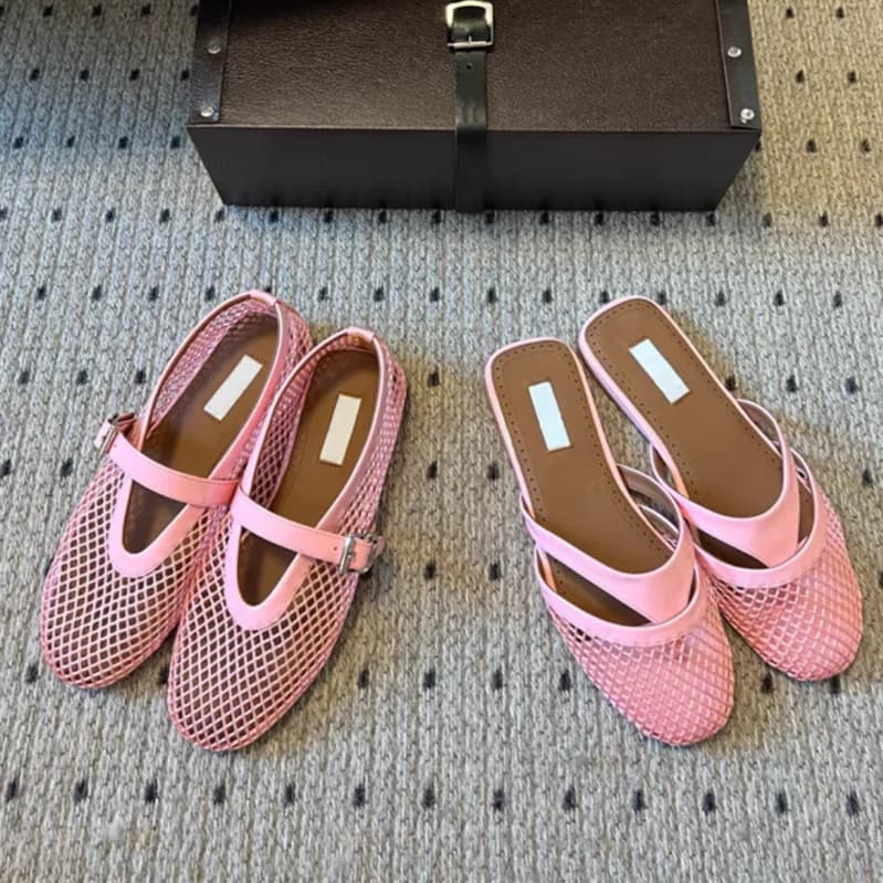 Scarpe da balletto originali di marca di lusso leggero per donna, scarpe Mary Jane in pelle traforata con fondo piatto rosa a rete da pesca