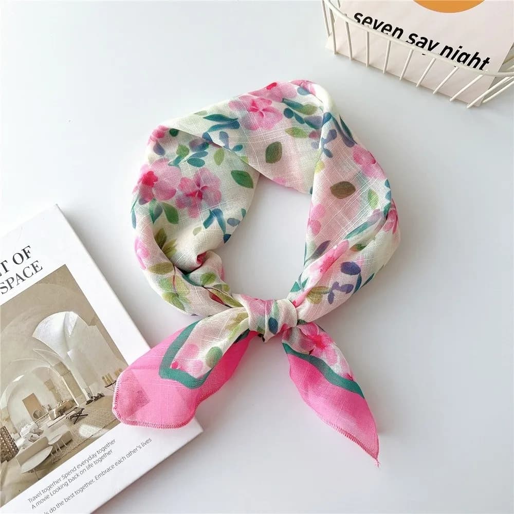 Foulard Floreale alla Moda in Cotone e Lino Traspirante, Sciarpa Decorativa Quadrata per Collo e Testa con Protezione Solare