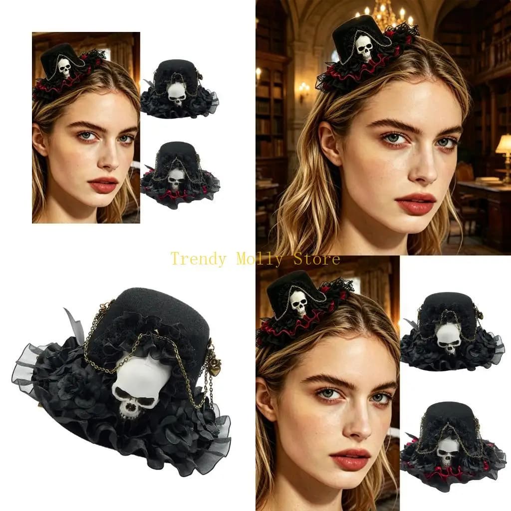 N5KB Lovely Gothic Hair Clip Headwear Feature Delicate Lace And Mini Top Hat Design