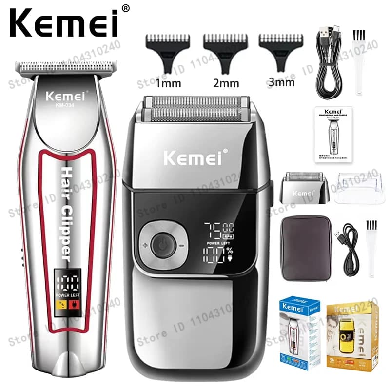 Electric Shaver KM-2028 Silver for Man, Kit Regularbarba and Kemei KM-034 Rechargeable Wireless