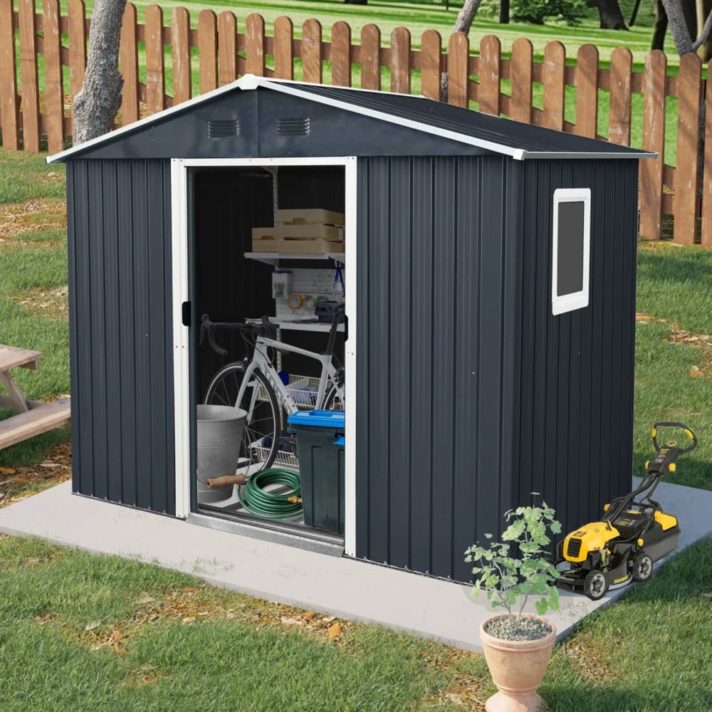 Metal garden case 8ft x 4ft with window and metal base for courtyard, patio, lawn (Black and White)