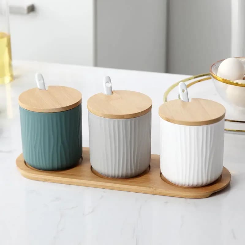 Set di barattoli per spezie con supporto e cucchiaio, contenitore in ceramica per condimenti, scatola portaoggetti, organizer, accessori da cucina, 300 ml