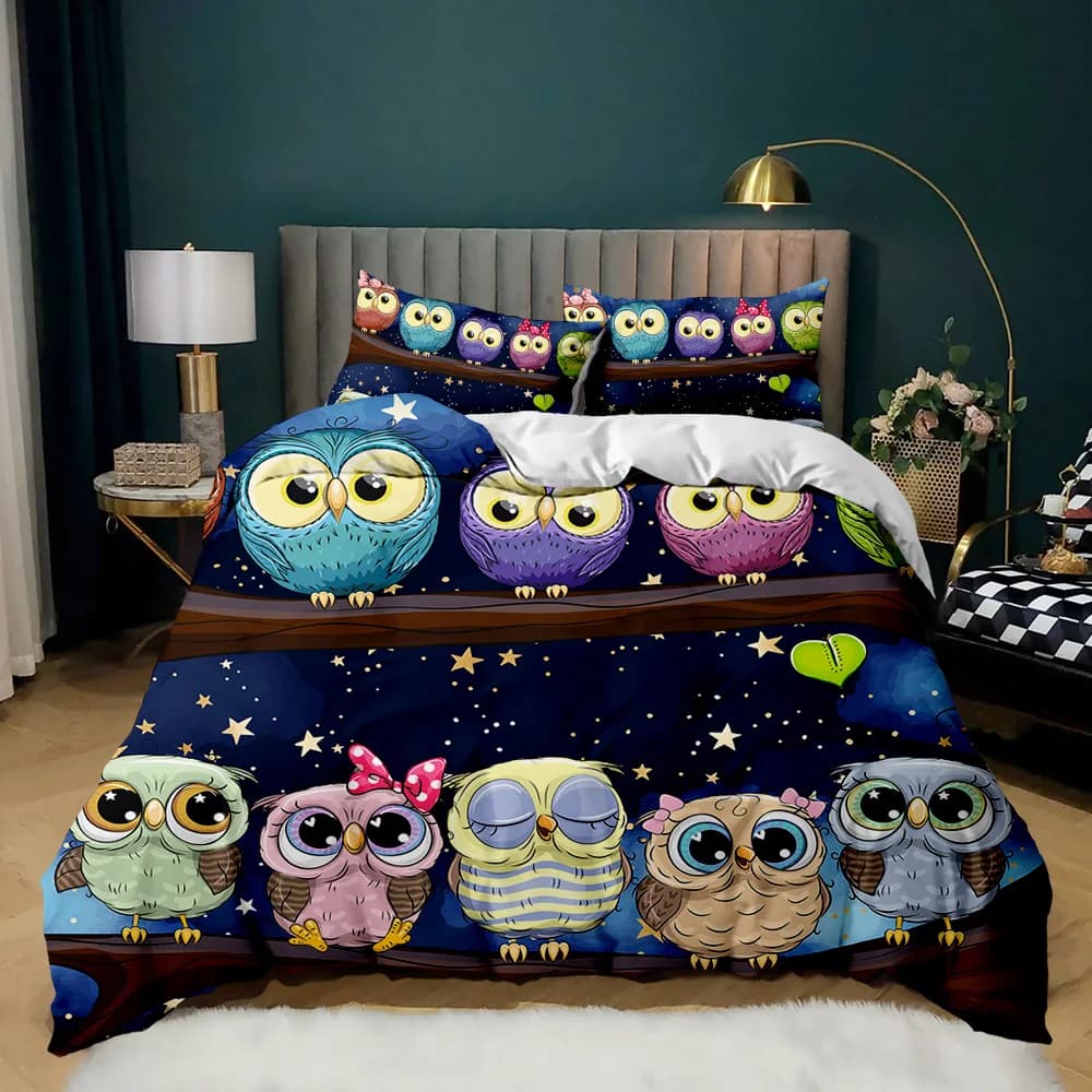 Copripiumino gufo Twin King Queen Size Copripiumino gufo cartone animato Set biancheria da letto per animali con uccelli Copripiumino per bambini Copripiumino in poliestere