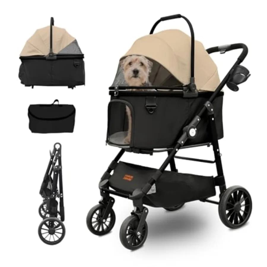 Passeggino Extra Large per Animali Domestici, per Passeggiate, Jogging e Visite al Veterinario, Telaio in Acciaio Resistente, Nero, Ruote Ammortizzate con Freni Bloccabili