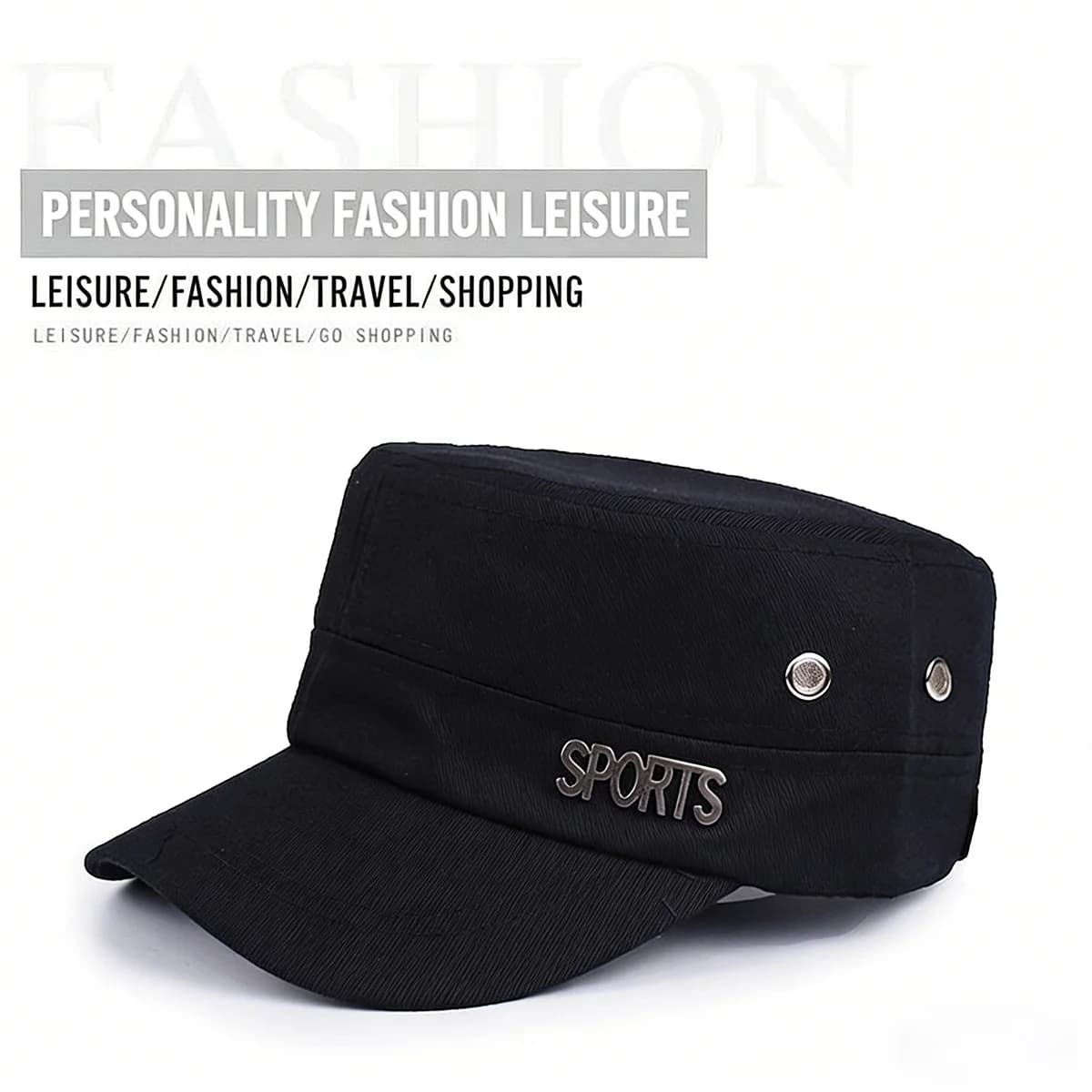Men's flat tense hat, plain color, with short visor, for sun protection, fashionable, casual, for outdoors, spring