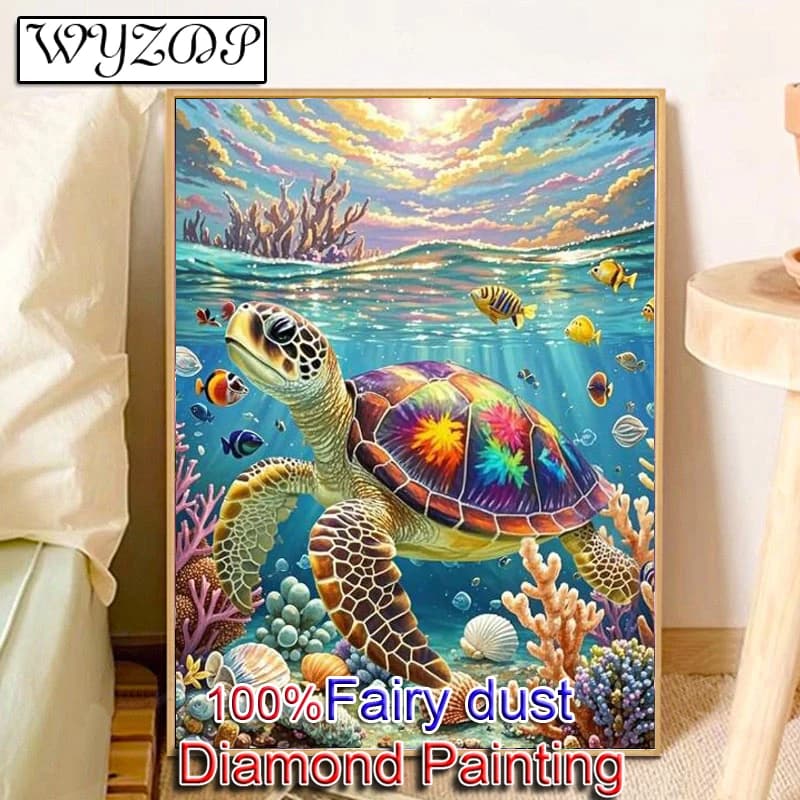 WYZDP 100% Fairy Dust Diamond Painting Sea Turtle Square Diamond Embroidery Crafts Cross Stitch Diamond Art Full Crystal Decor