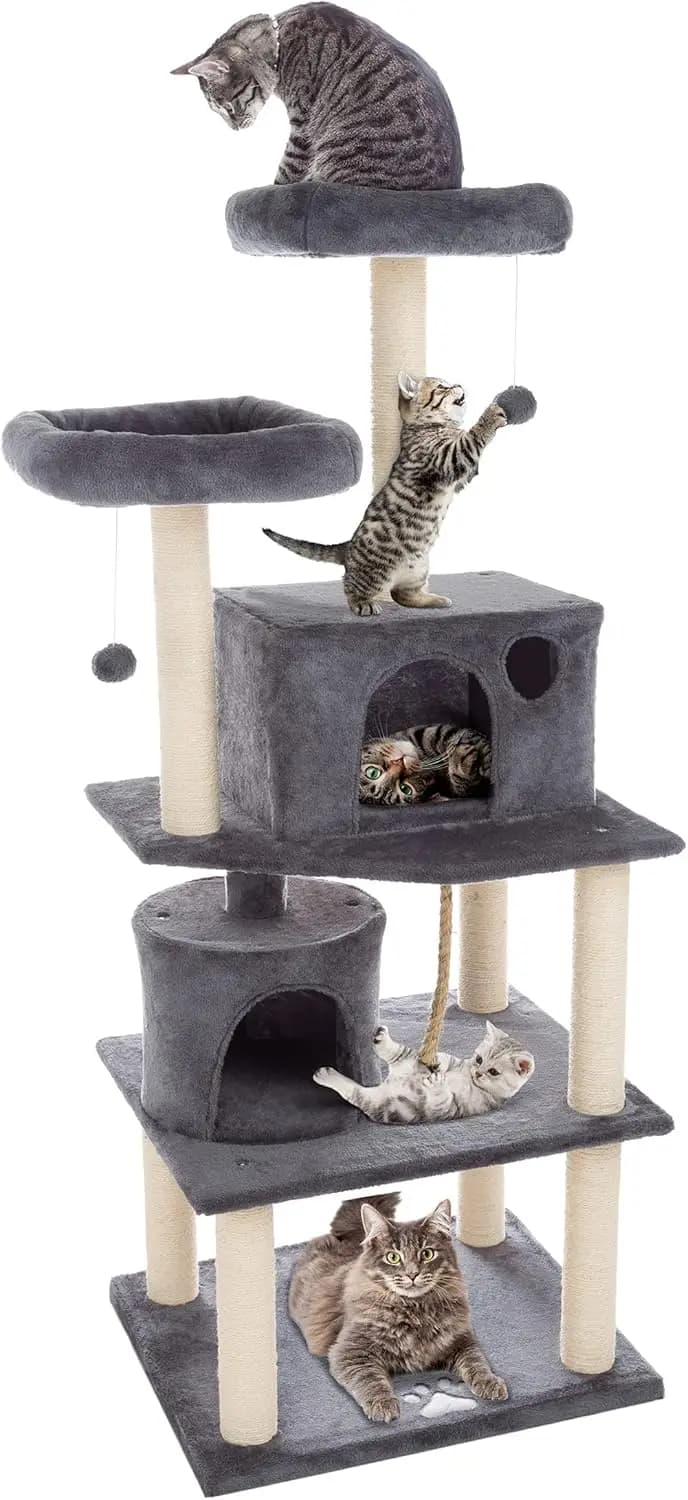 Albero per Gatti a 5 Livelli - 8 Tiragraffi, 2 Posti Imbottiti, 2 Casette e 3 Giocattoli Sospesi per Gatti Multipli