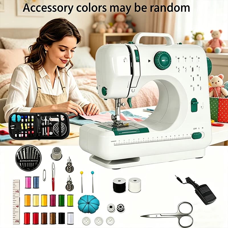 sewing machine, with 12 stitch patterns and speed Green electric sewing machine，Includes a black sewing accessory kit