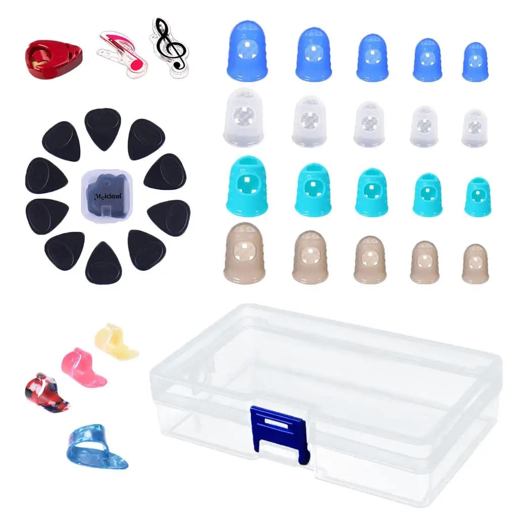 Durevole 1 set di accessori per chitarra basso, punta delle dita in silicone + plettri + clip + supporto per plettri + scatola di plastica