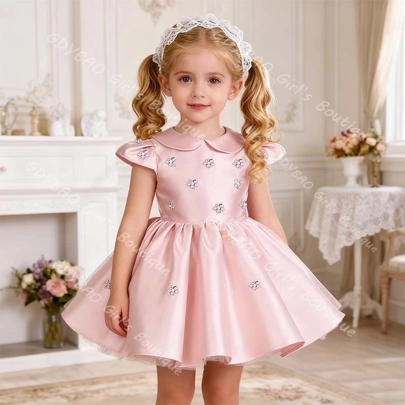 Abito da principessa per bambina con cristalli e scollo a goccia, mini abito da damigella d'onore per matrimonio, abito da festa di compleanno per bambine, personalizzabile