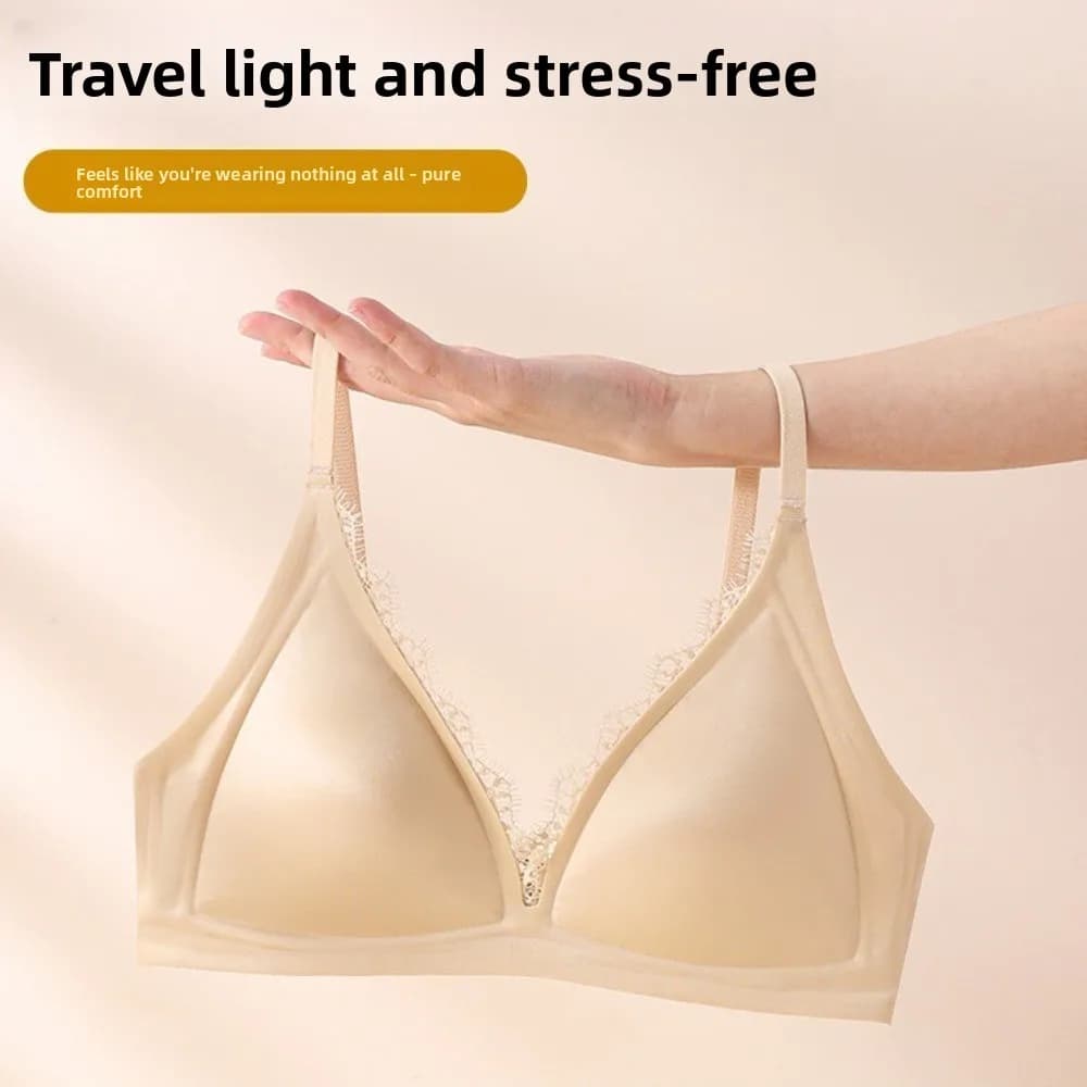 Reggiseno V Senza Ferretto in Raso Morbido e Delicato, con Pizzo sul Collo, Push-Up Invisibile, Lingerie Monocolore Senza Cuciture per Ragazze e Donne