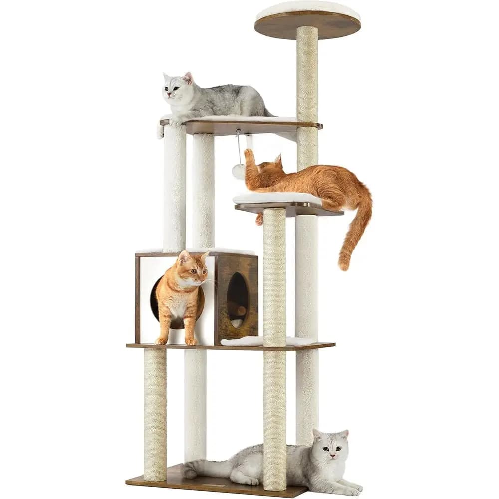 eandrea Cat Tree, Torre per Gatti da 164 cm, Cuccia Multi-Livello con 5 Tiragraffi, Soppalco, Cuscini Rimovibili Lavabili, Grotta