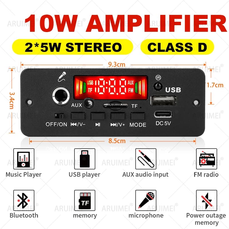 ARUIMEI 10W Amplificatore Digitale Scheda Decodificatore MP3 DC 5V Bluetooth 5.0 Supporto FM Microfono Lettore MP3 per Auto con Telecomando