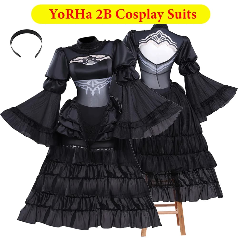 Costume Cosplay YoRHa 2B, Abito Nero con Fascia per Capelli, Set di Abbigliamento per Giochi di Ruolo Anime, Top, Pantaloncini, Guanti, Completo per Halloween e Feste in Maschera